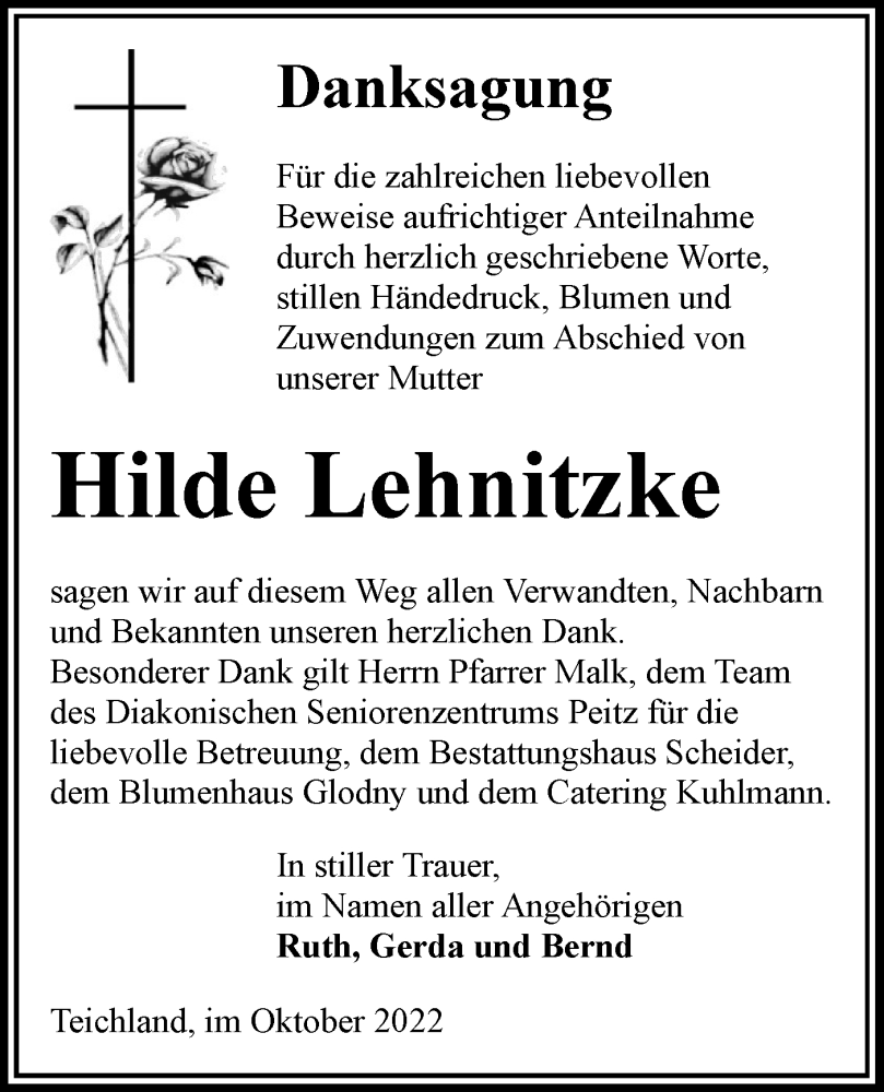  Traueranzeige für Hilde Lehnitzke vom 01.10.2022 aus lausitzer_rundschau
