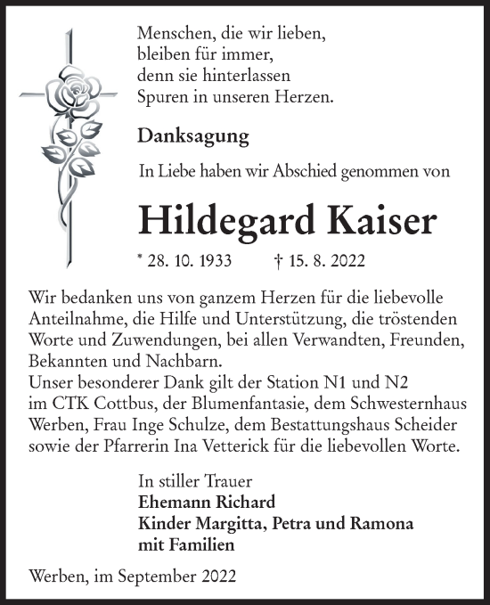 Traueranzeige von Hildegard Kaiser von lausitzer_rundschau