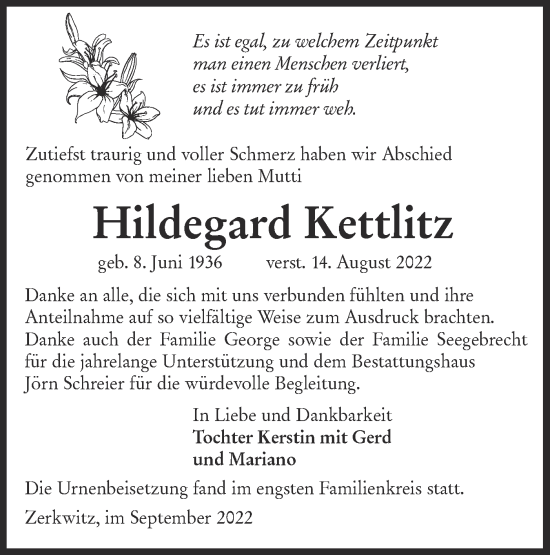 Traueranzeige von Hildegard Kettlitz von lausitzer_rundschau