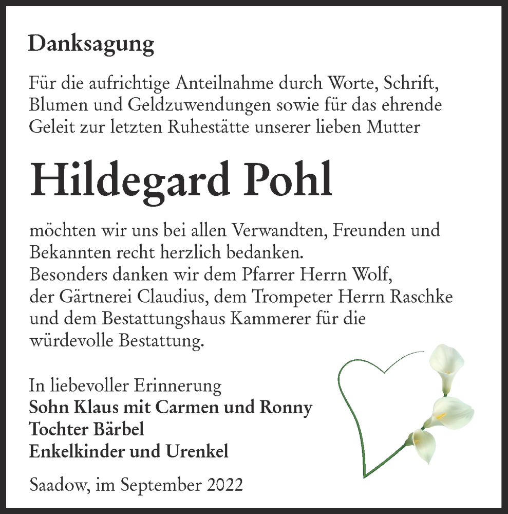  Traueranzeige für Hildegard Pohl vom 01.10.2022 aus lausitzer_rundschau