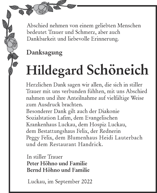 Traueranzeige von Hildegard Schöneich von lausitzer_rundschau