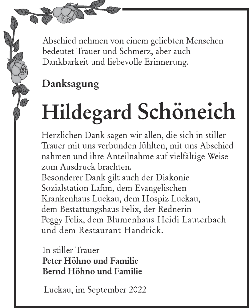  Traueranzeige für Hildegard Schöneich vom 24.09.2022 aus lausitzer_rundschau