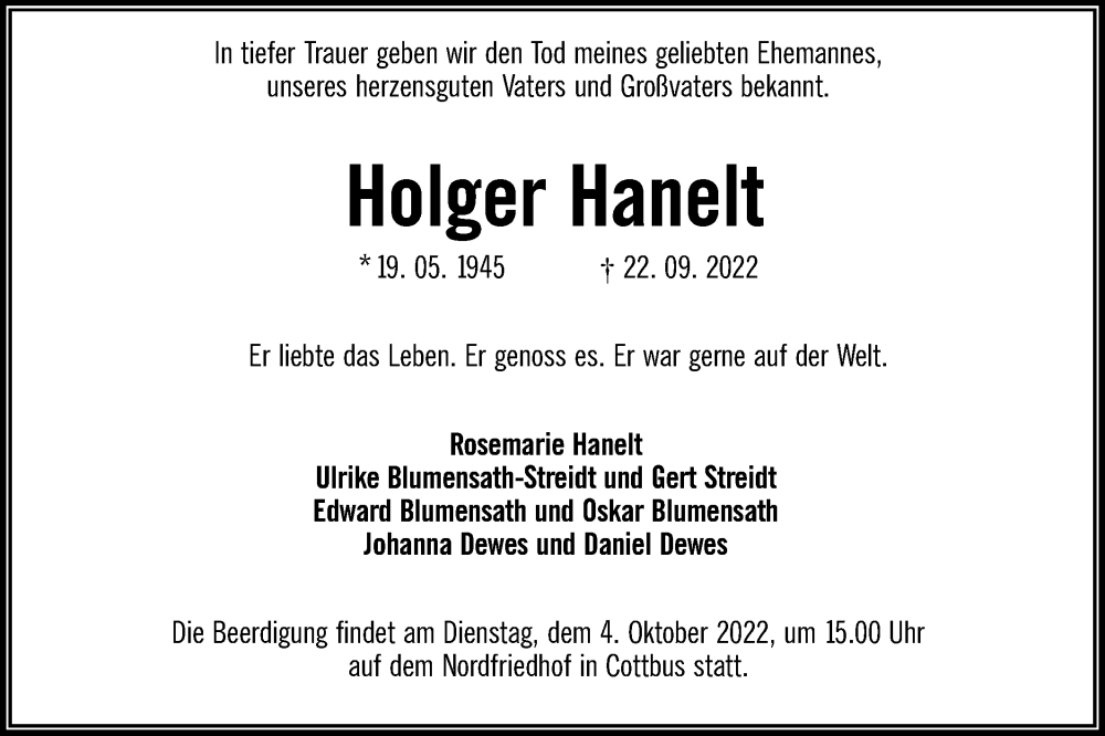  Traueranzeige für Holger Hanelt vom 01.10.2022 aus lausitzer_rundschau