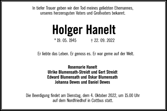 Traueranzeige von Holger Hanelt von lausitzer_rundschau