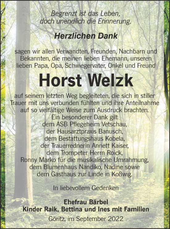 Traueranzeige von Horst Welzk von lausitzer_rundschau