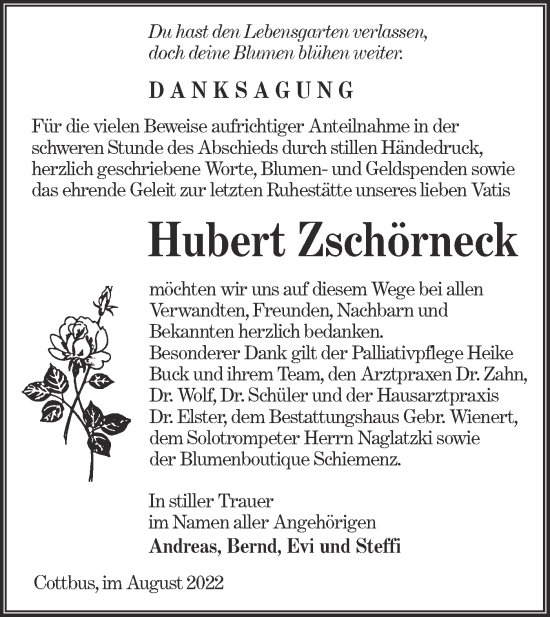 Traueranzeige von Hubert Zschörneck von lausitzer_rundschau