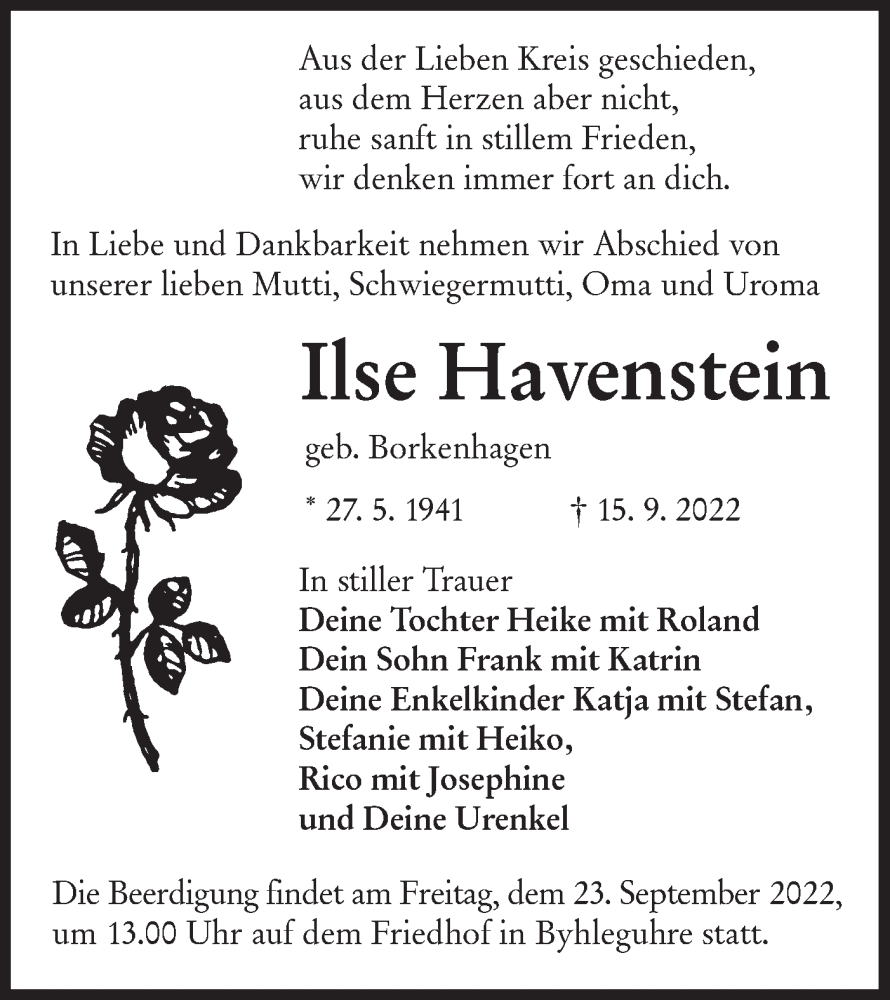  Traueranzeige für Ilse Havenstein vom 21.09.2022 aus lausitzer_rundschau