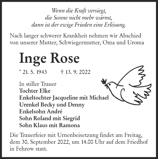 Traueranzeige von Inge Rose von lausitzer_rundschau