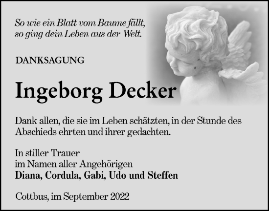 Traueranzeige von Ingeborg Decker von lausitzer_rundschau