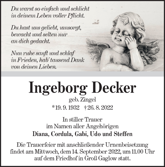 Traueranzeige von Ingeborg Decker von lausitzer_rundschau