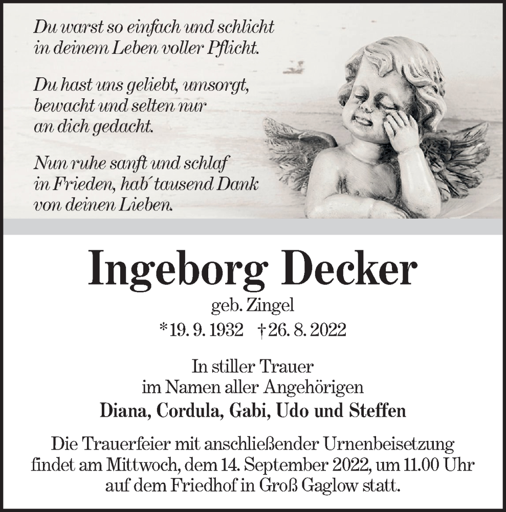  Traueranzeige für Ingeborg Decker vom 03.09.2022 aus lausitzer_rundschau