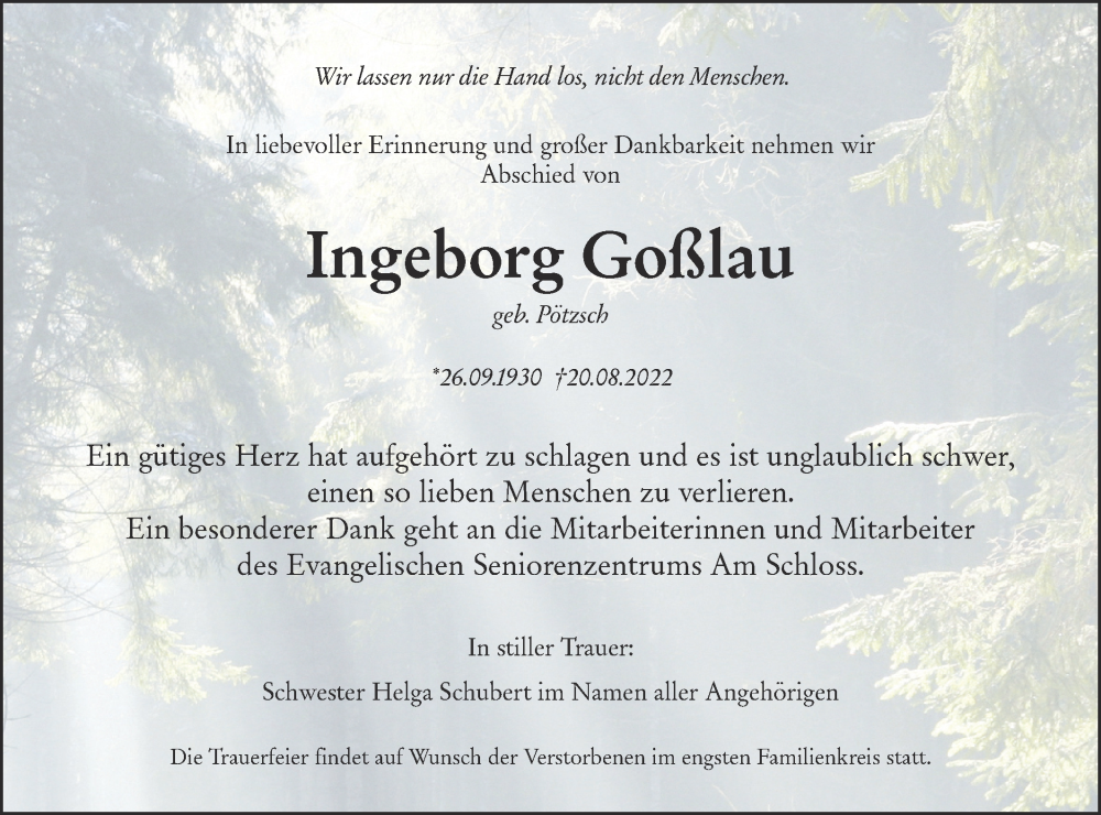  Traueranzeige für Ingeborg Goßlau vom 06.09.2022 aus lausitzer_rundschau
