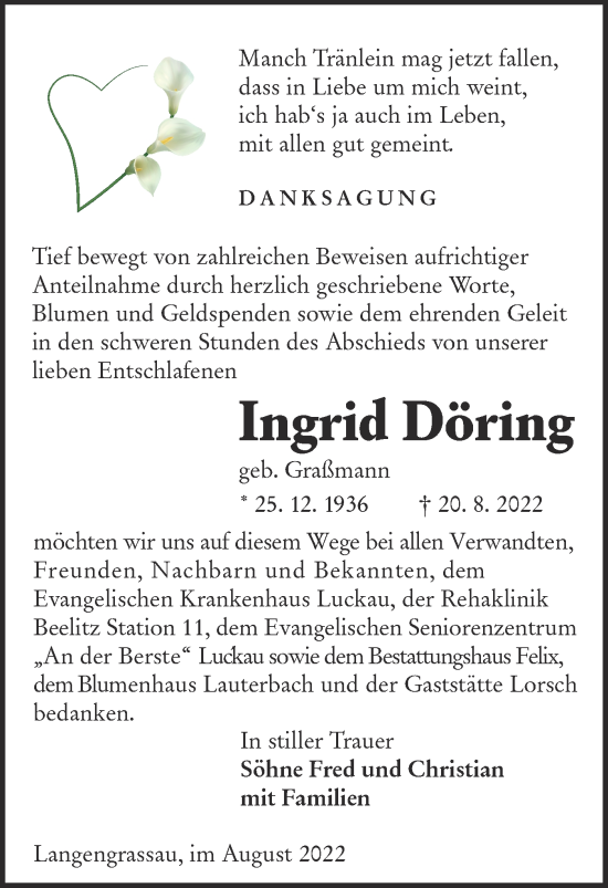 Traueranzeige von Ingrid Döring von lausitzer_rundschau