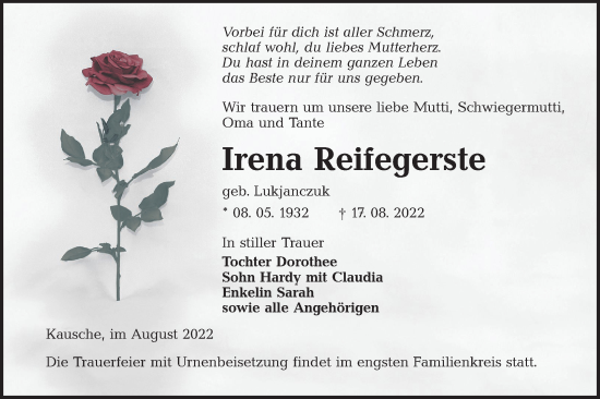 Traueranzeige von Irena Reifegerste von lausitzer_rundschau