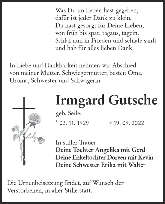 Traueranzeige von Irmgard Gutsche von lausitzer_rundschau