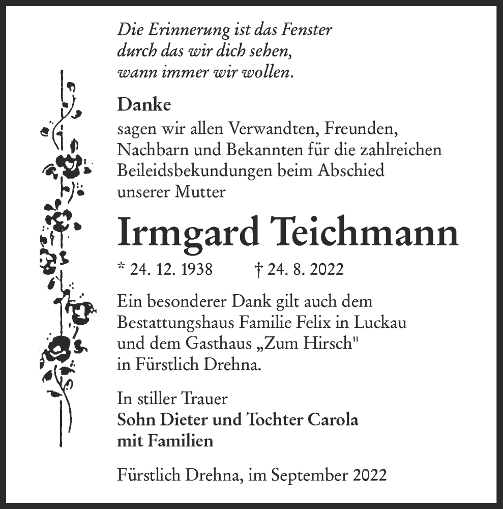  Traueranzeige für Irmgard Teichmann vom 24.09.2022 aus lausitzer_rundschau