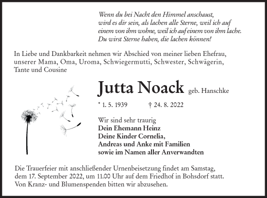 Traueranzeige von Jutta Noack von lausitzer_rundschau