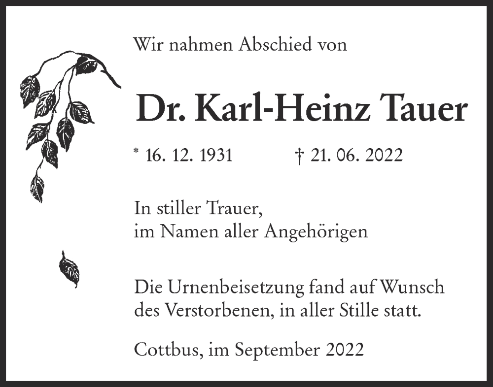  Traueranzeige für Karl-Heinz Tauer vom 17.09.2022 aus lausitzer_rundschau