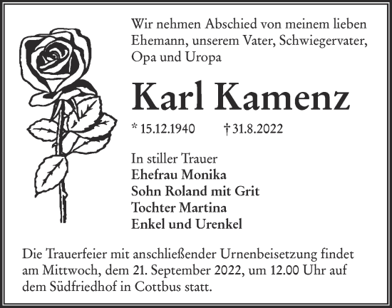 Traueranzeige von Karl Kamenz von lausitzer_rundschau