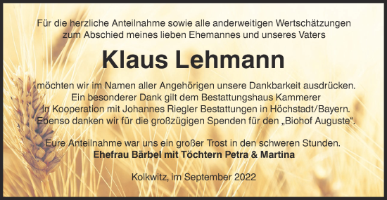 Traueranzeige von Klaus Lehmann von lausitzer_rundschau