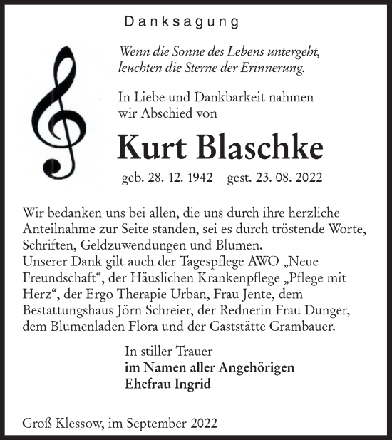 Traueranzeige von Kurt Blaschke von lausitzer_rundschau