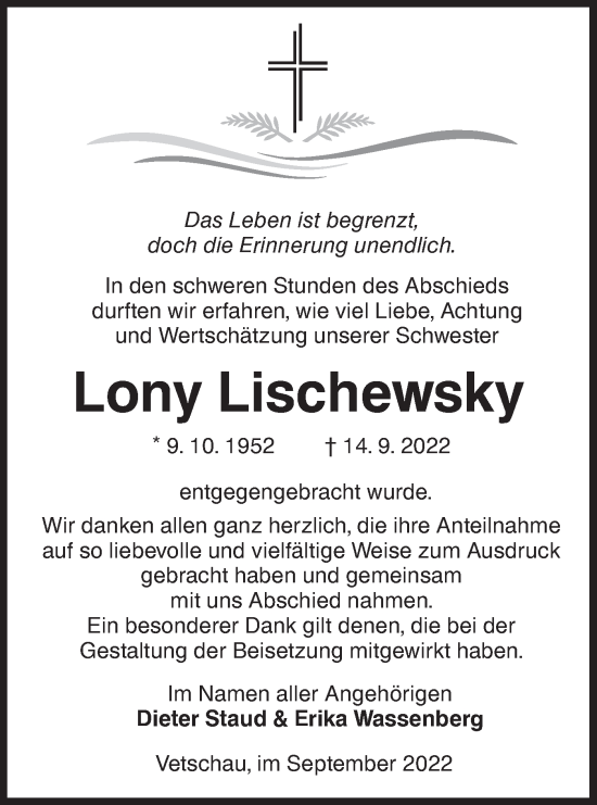 Traueranzeige von Lony Lischewsky von lausitzer_rundschau