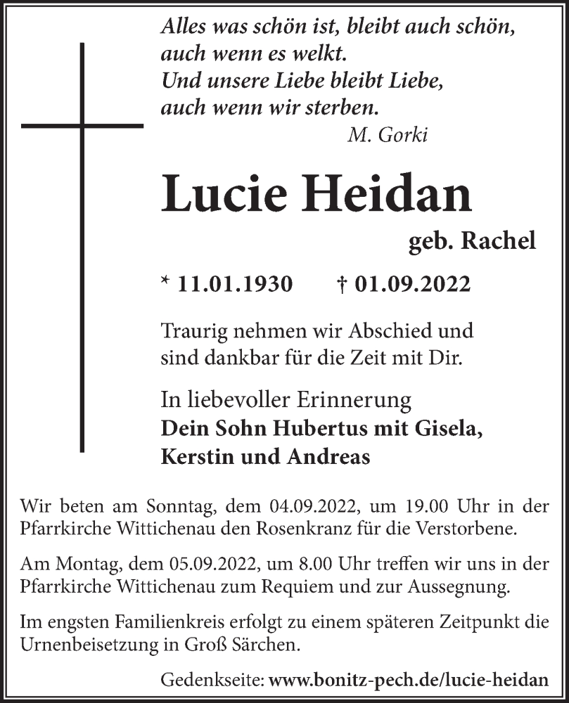  Traueranzeige für Lucie Heidan vom 03.09.2022 aus lausitzer_rundschau