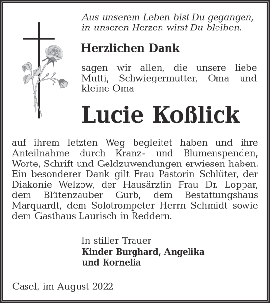 Traueranzeige von Lucie Koßlick von lausitzer_rundschau