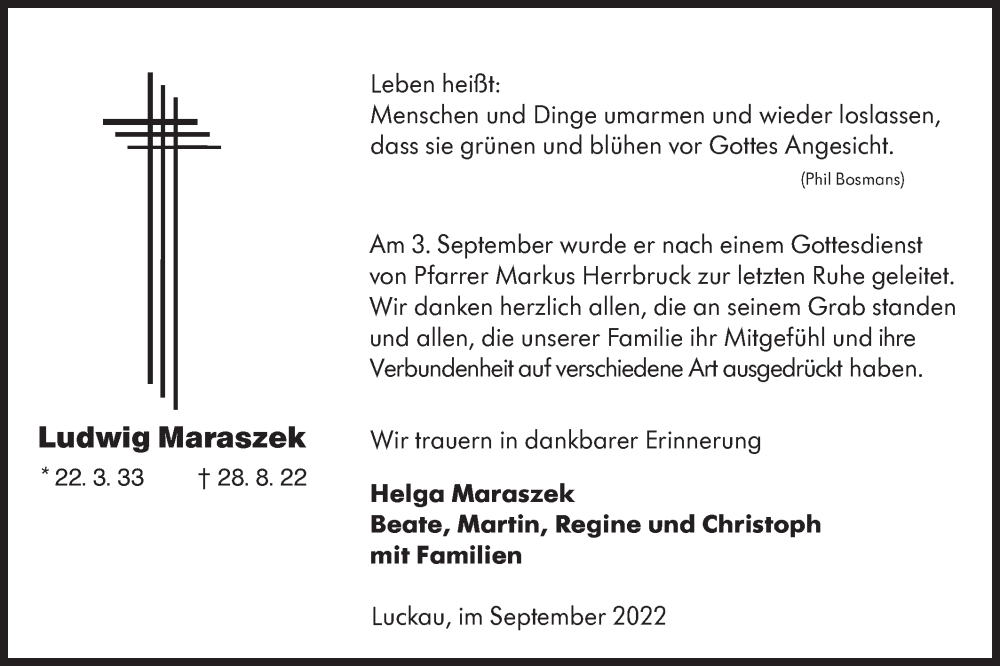  Traueranzeige für Ludwig Maraszek vom 22.09.2022 aus lausitzer_rundschau