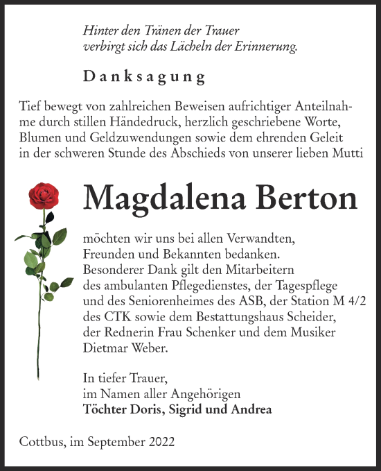 Traueranzeige von Magdalena Berton von lausitzer_rundschau