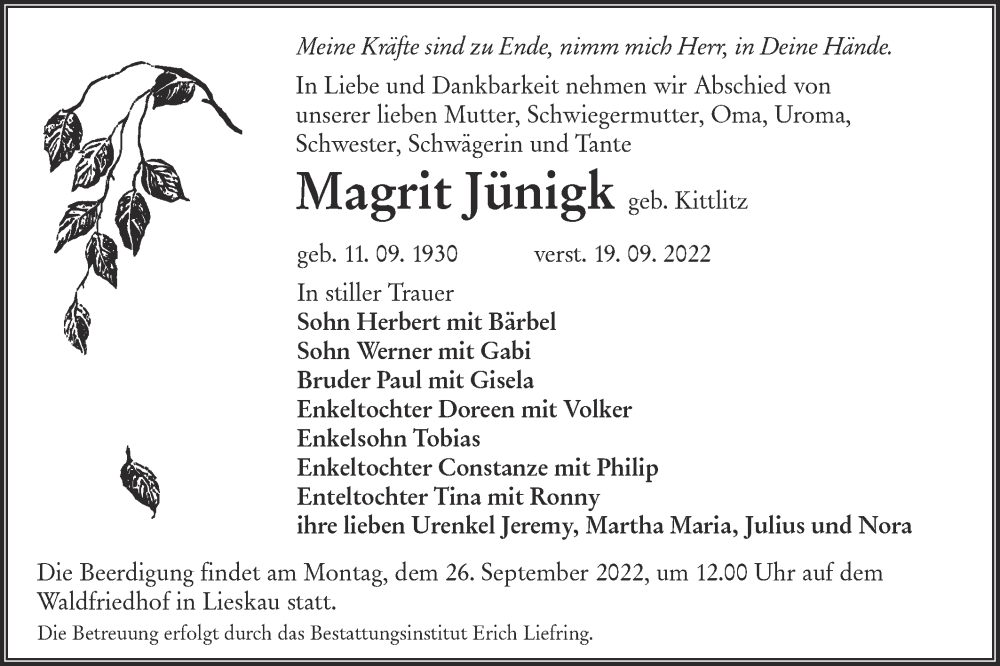  Traueranzeige für Magrit Jünigk vom 24.09.2022 aus lausitzer_rundschau