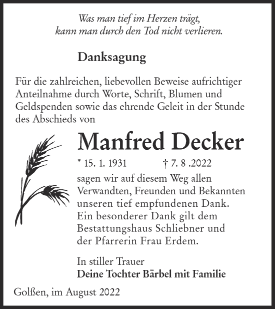 Traueranzeige von Manfred Decker von lausitzer_rundschau