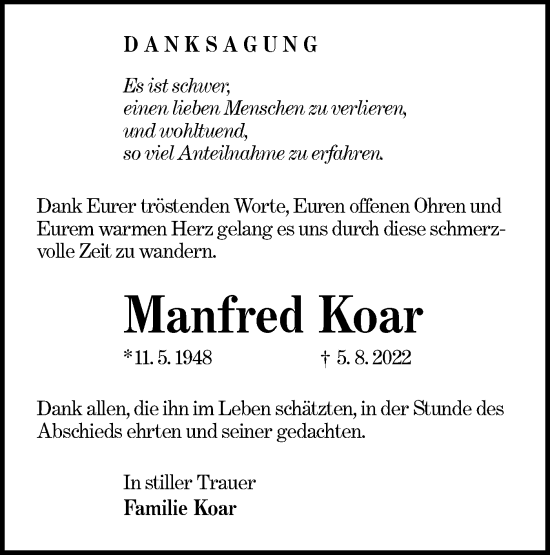Traueranzeige von Manfred Koar von lausitzer_rundschau