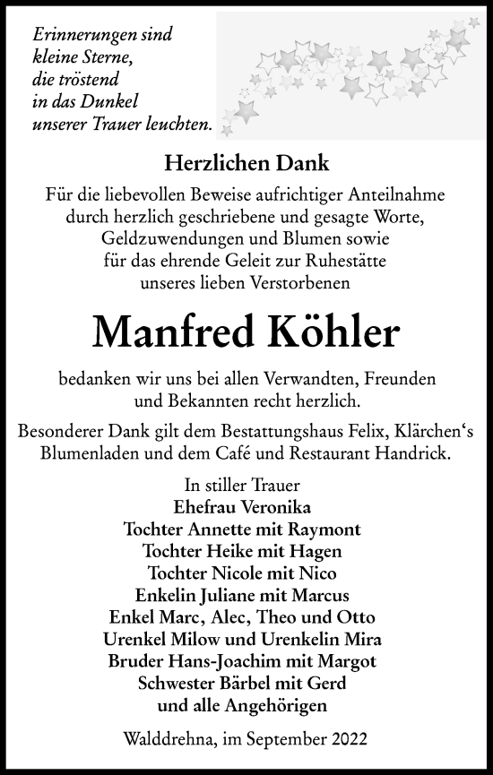 Traueranzeige von Manfred Köhler von lausitzer_rundschau