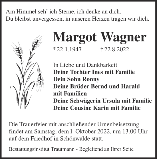 Traueranzeige von Margot Wagner von lausitzer_rundschau