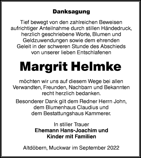 Traueranzeige von Margrit Helmke von lausitzer_rundschau