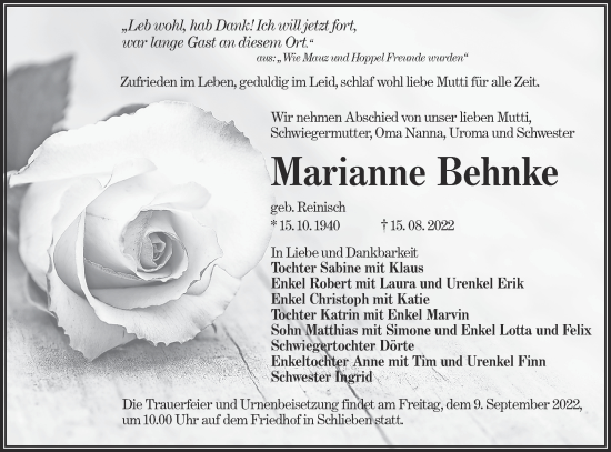 Traueranzeige von Marianne Behnke von lausitzer_rundschau