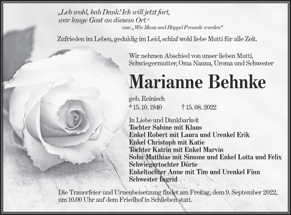  Traueranzeige für Marianne Behnke vom 27.08.2022 aus lausitzer_rundschau