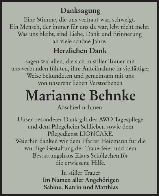 Traueranzeige von Marianne Behnke von lausitzer_rundschau