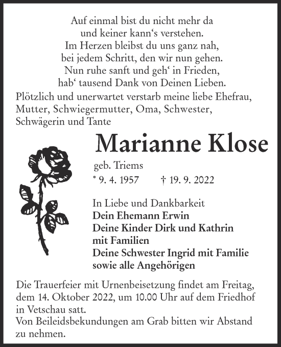 Traueranzeige von Marianne Klose von lausitzer_rundschau