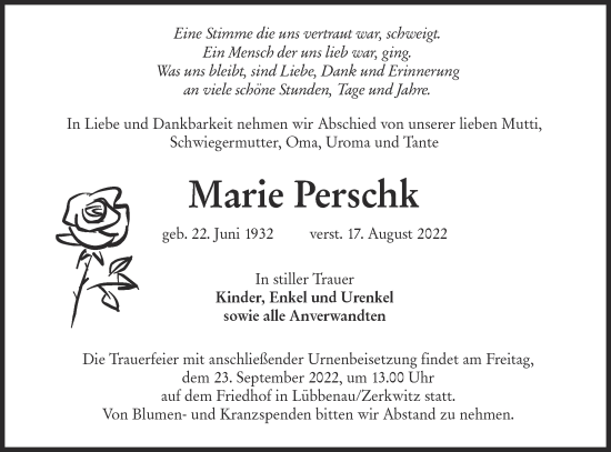 Traueranzeige von Marie Perschk von lausitzer_rundschau