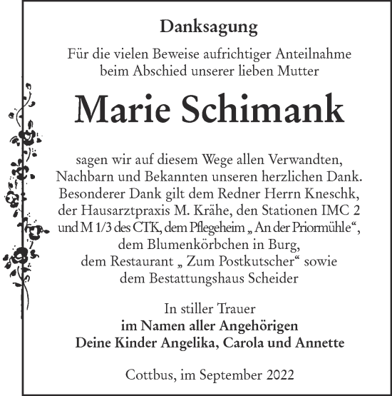 Traueranzeige von Marie Schimank von lausitzer_rundschau