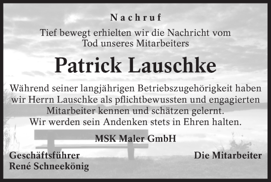 Traueranzeige von Patrick Lauschke von lausitzer_rundschau