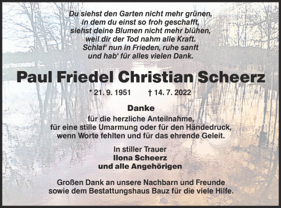 Traueranzeige von Paul Friedel Christian Scheerz von lausitzer_rundschau