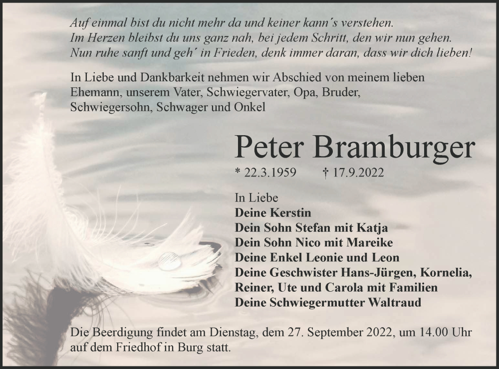  Traueranzeige für Peter Bramburger vom 21.09.2022 aus lausitzer_rundschau