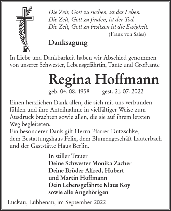 Traueranzeige von Regina Hoffmann von lausitzer_rundschau