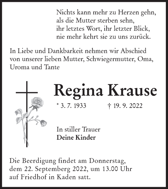 Traueranzeige von Regina Krause von lausitzer_rundschau