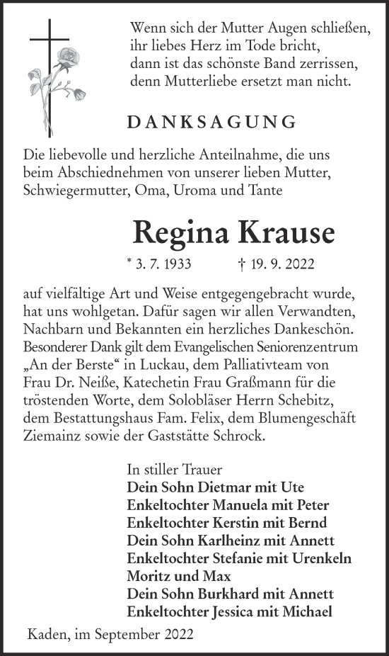 Traueranzeige von Regina Krause von lausitzer_rundschau