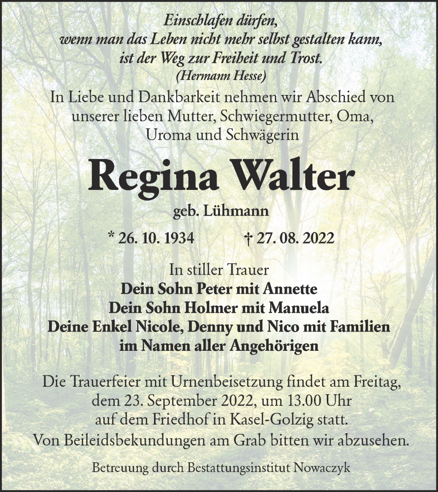  Traueranzeige für Regina Walter vom 03.09.2022 aus lausitzer_rundschau