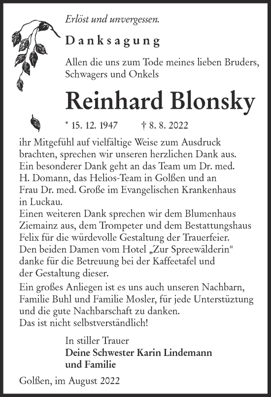 Traueranzeige von Reinhard Blonsky von lausitzer_rundschau
